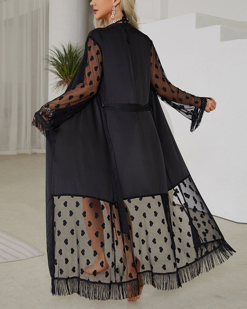 Sheer Heart Lace Satin Nightgown With Belt Avidlove-Nightgown - Tophatter Daily Deals