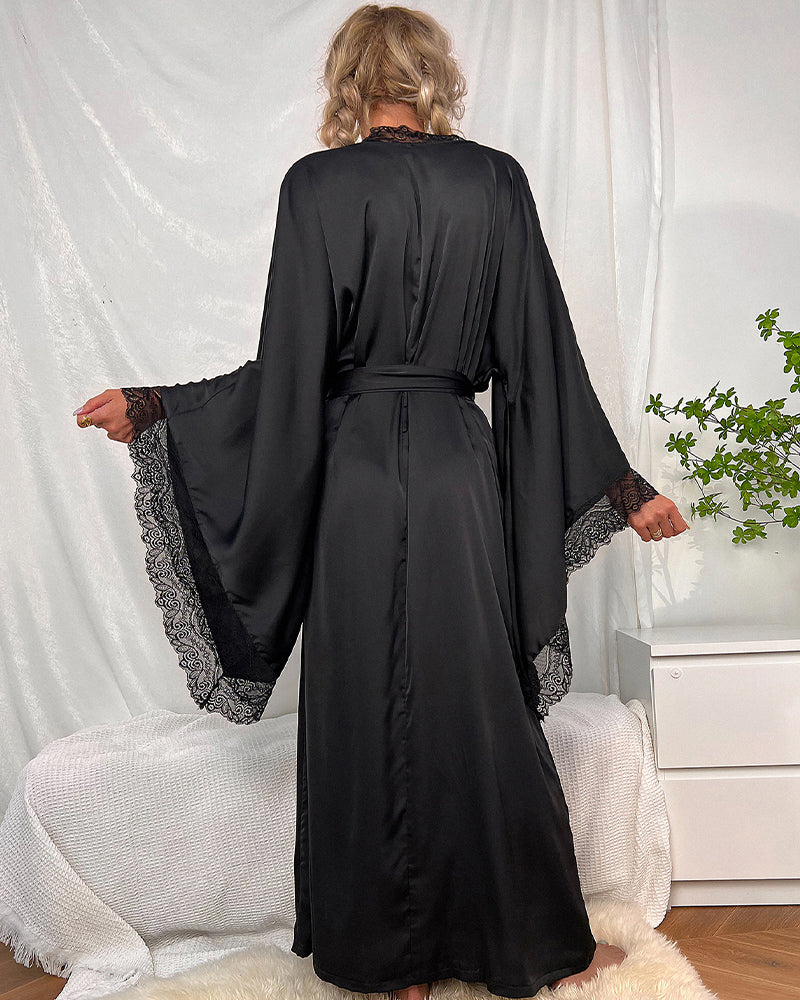 Satin Belted Robe with Contrast Lace Trim Avidlove-Nightgown - Tophatter Daily Deals