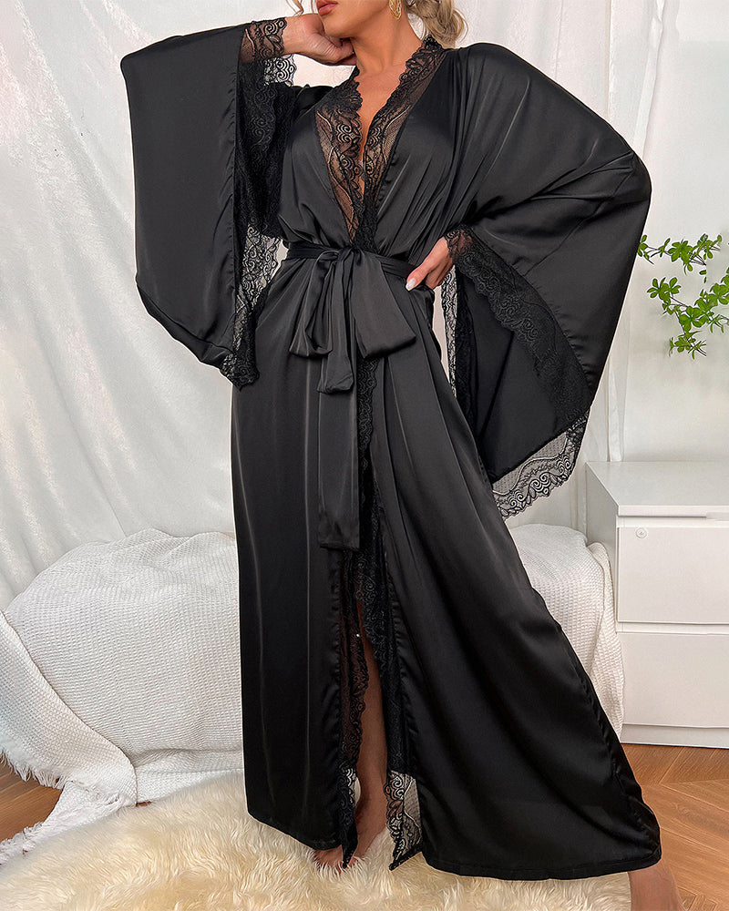 Satin Belted Robe with Contrast Lace Trim Black Avidlove-Nightgown - Tophatter Daily Deals