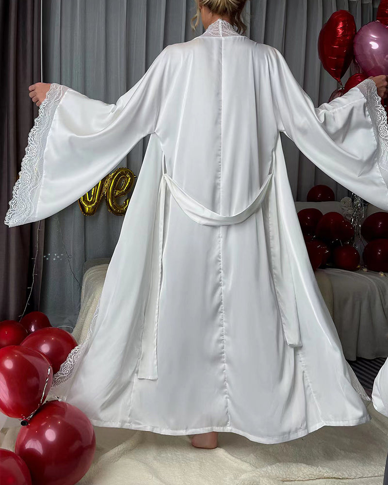 Satin Belted Robe with Contrast Lace Trim Avidlove-Nightgown - Tophatter Daily Deals