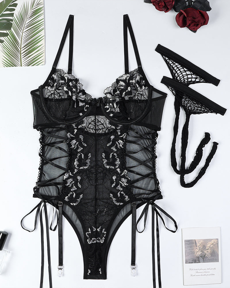 Criss Side Tie Sheer Floral Lace Bodysuits Black White Avidlove-Bodysuits - Tophatter Daily Deals