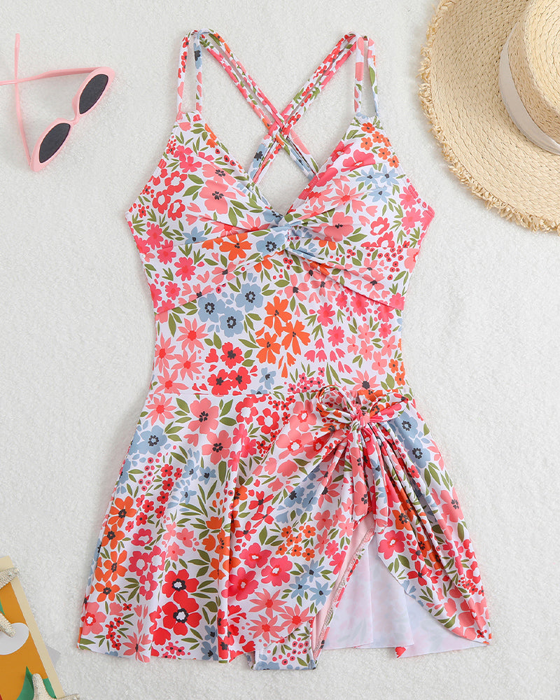 Floral Print Side Drawstring Swim Dress Avidlove-Swimsuit - Tophatter Daily Deals