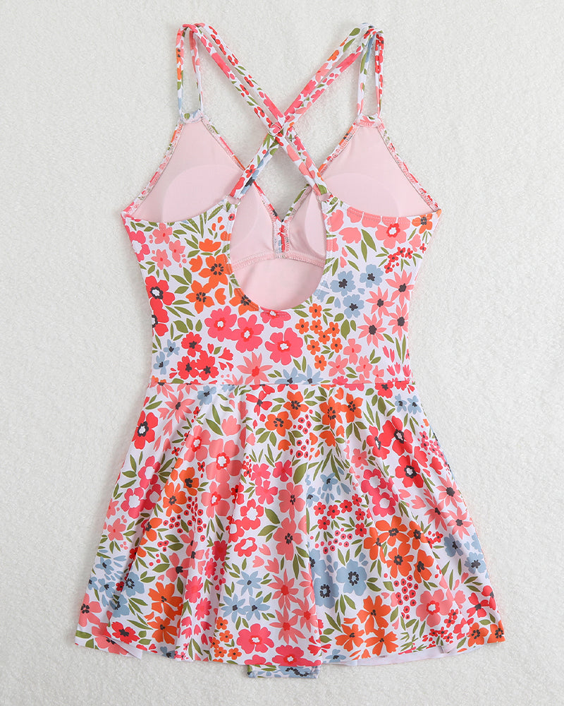 Floral Print Side Drawstring Swim Dress Avidlove-Swimsuit - Tophatter Daily Deals