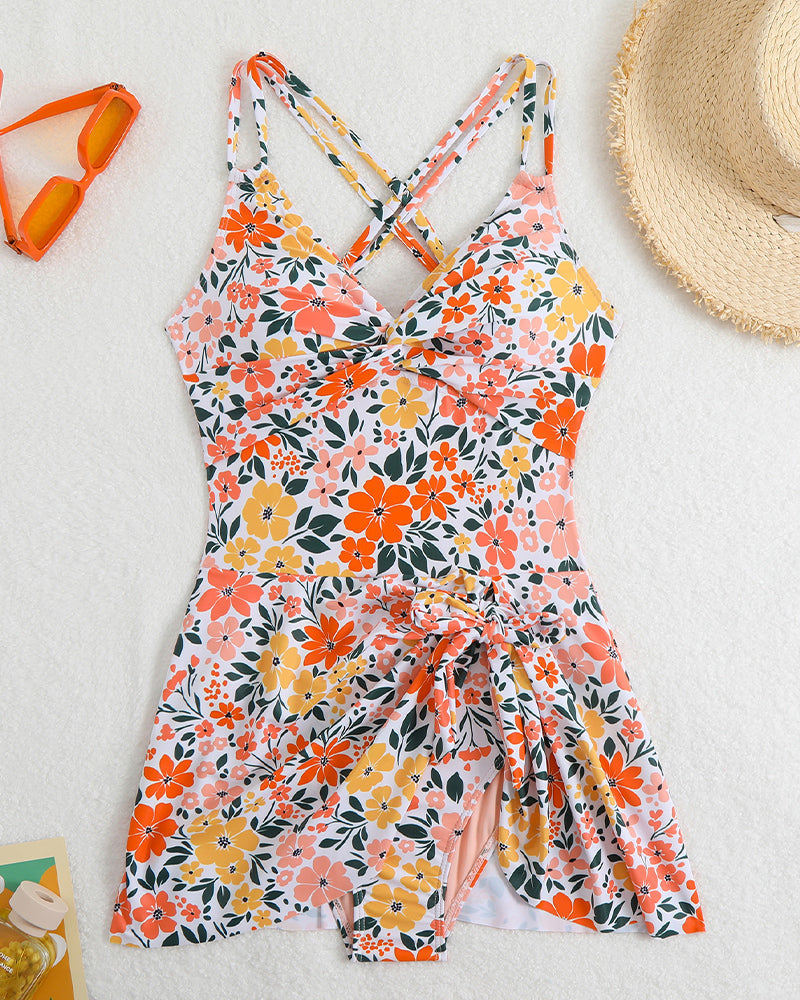 Floral Print Side Drawstring Swim Dress Avidlove-Swimsuit - Tophatter Daily Deals