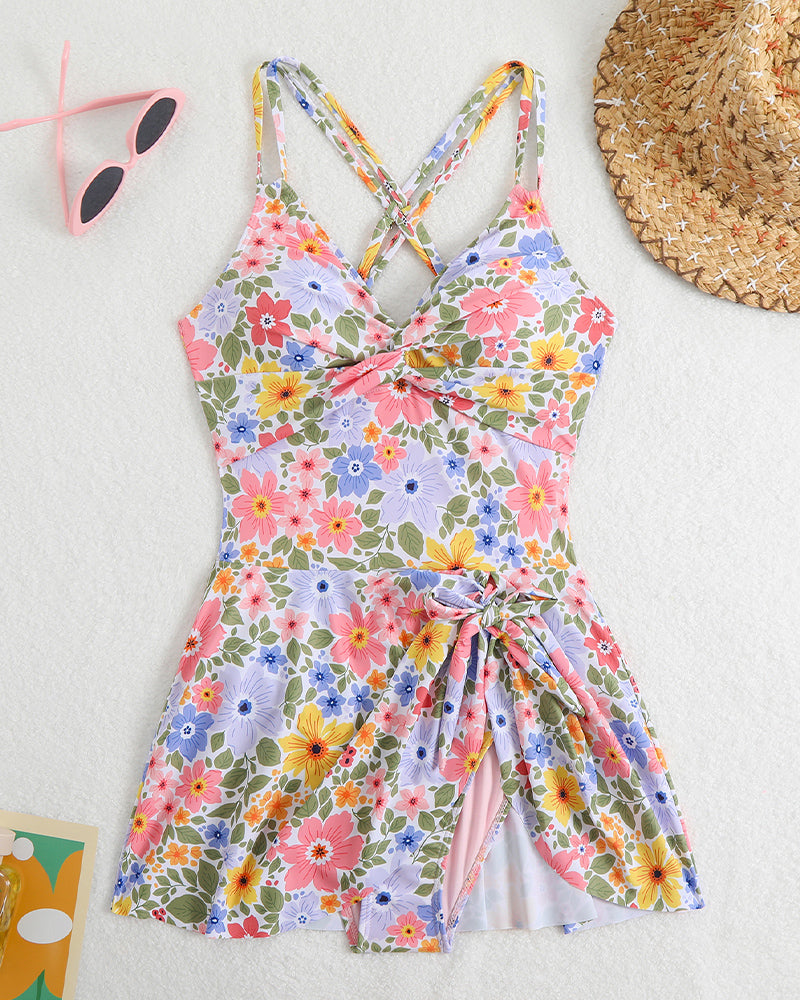 Floral Print Side Drawstring Swim Dress Avidlove-Swimsuit - Tophatter Daily Deals