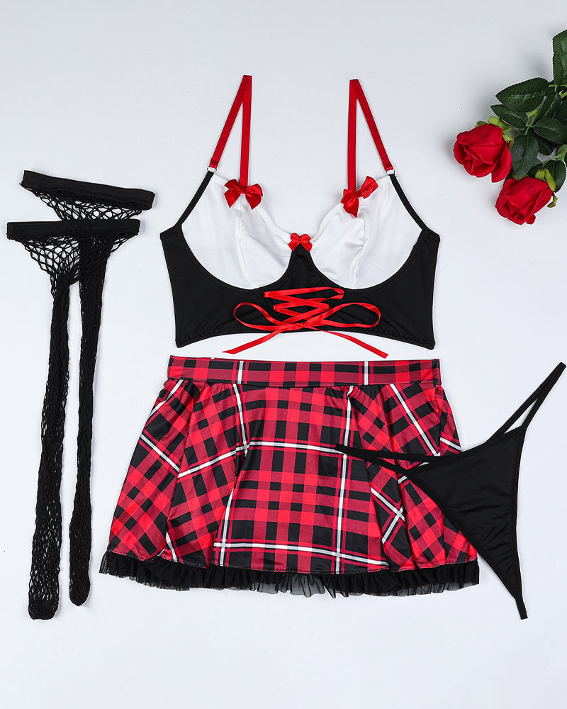 Uniform Bow Plaid Lingerie Set Red Avidlove-Skirt Set - Tophatter Daily Deals