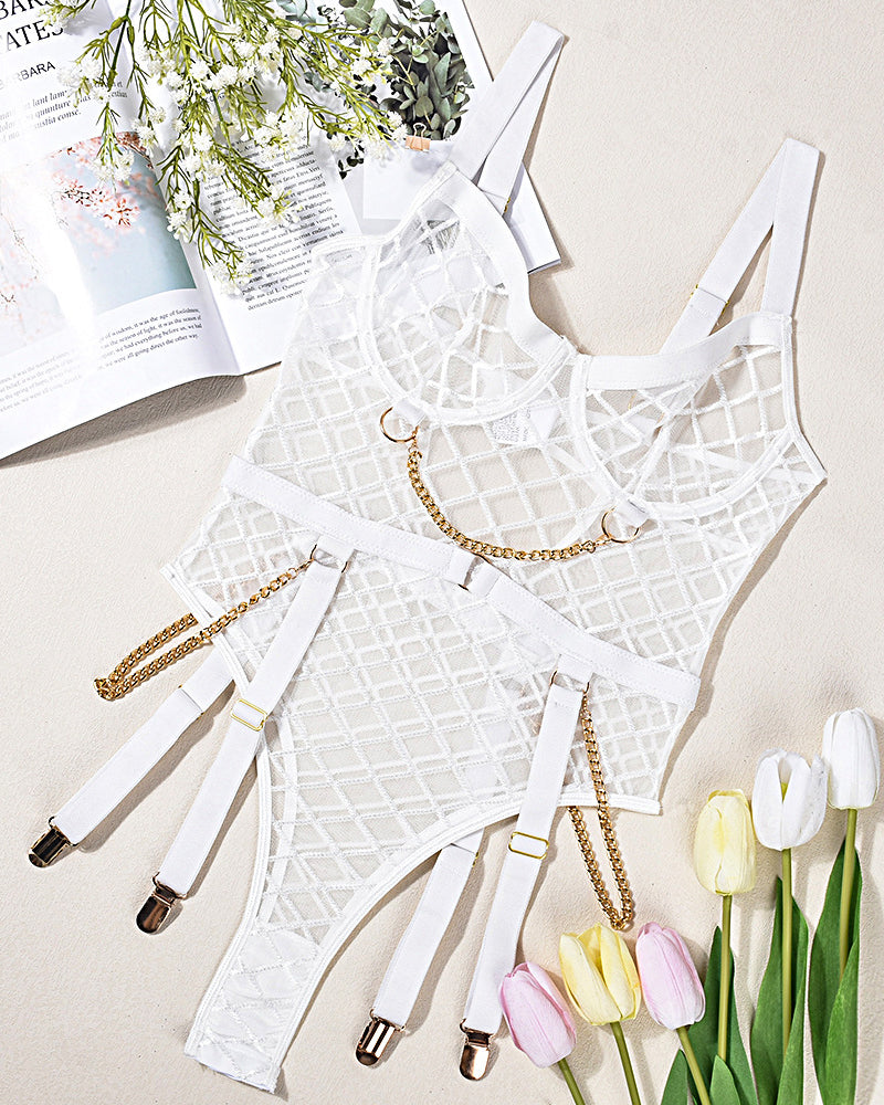 【XXL】White Mesh Chain Bodysuits Avidlove-Bodysuits - Tophatter Daily Deals