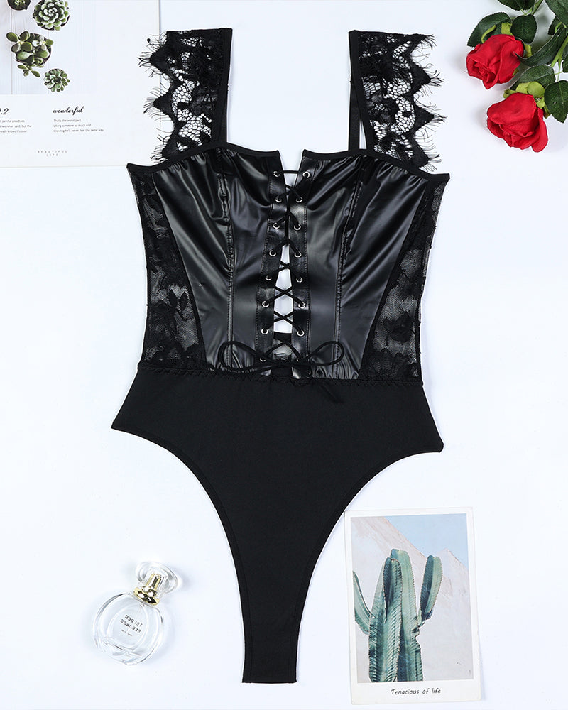 Leather And Lace Camisole Bodysuit Avidlove-Bodysuits - Tophatter Daily Deals