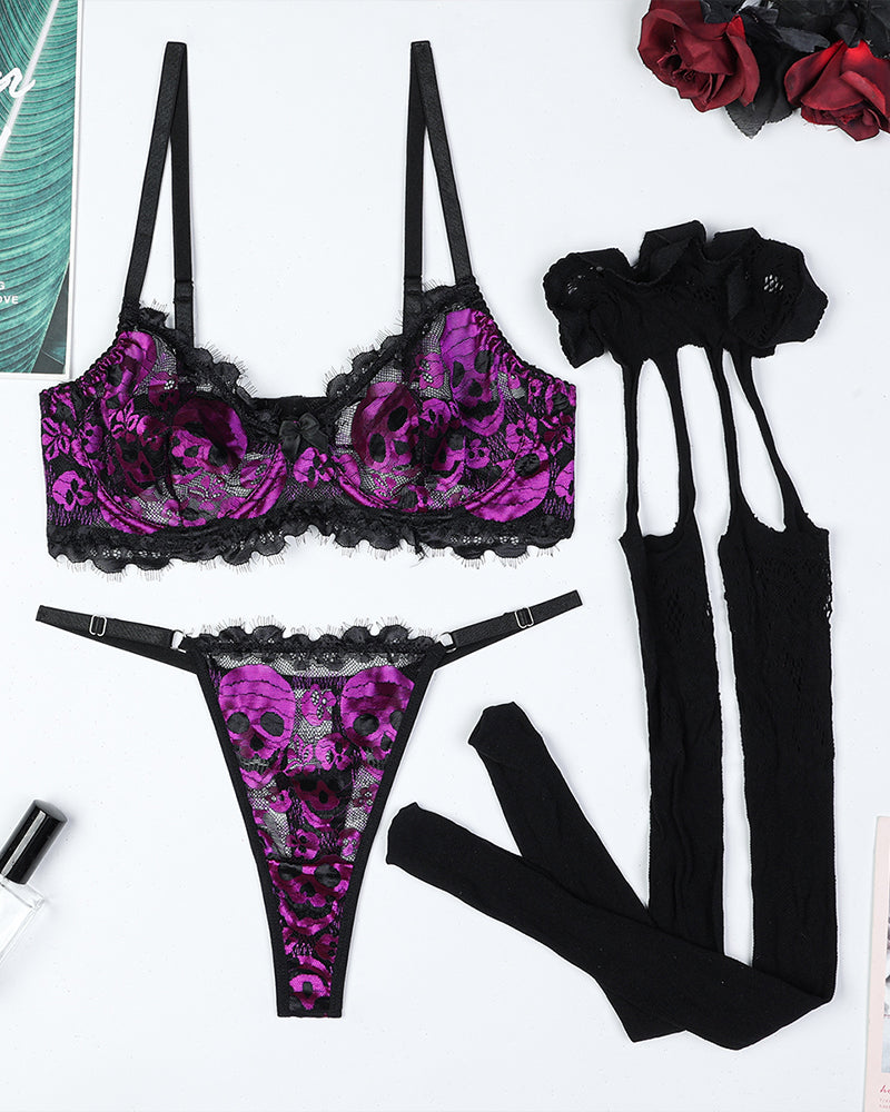 Skull Lace Stockings Bra Set Purple Avidlove-Bra Sets - Tophatter Daily Deals
