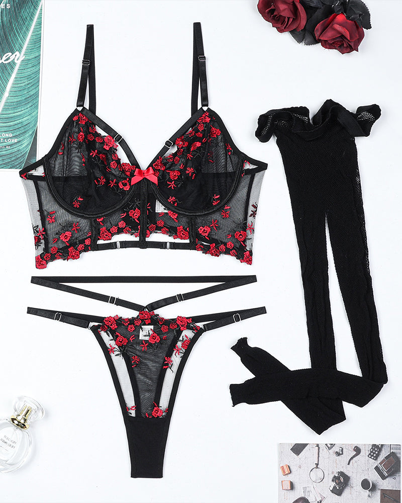 Embroidered Floral Hollow Stockings Bra Set Avidlove-Bra Sets - Tophatter Daily Deals