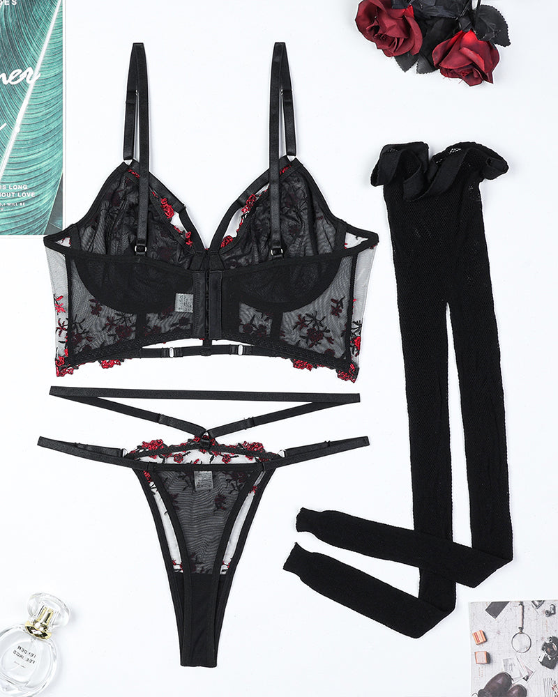 Embroidered Floral Hollow Stockings Bra Set Avidlove-Bra Sets - Tophatter Daily Deals