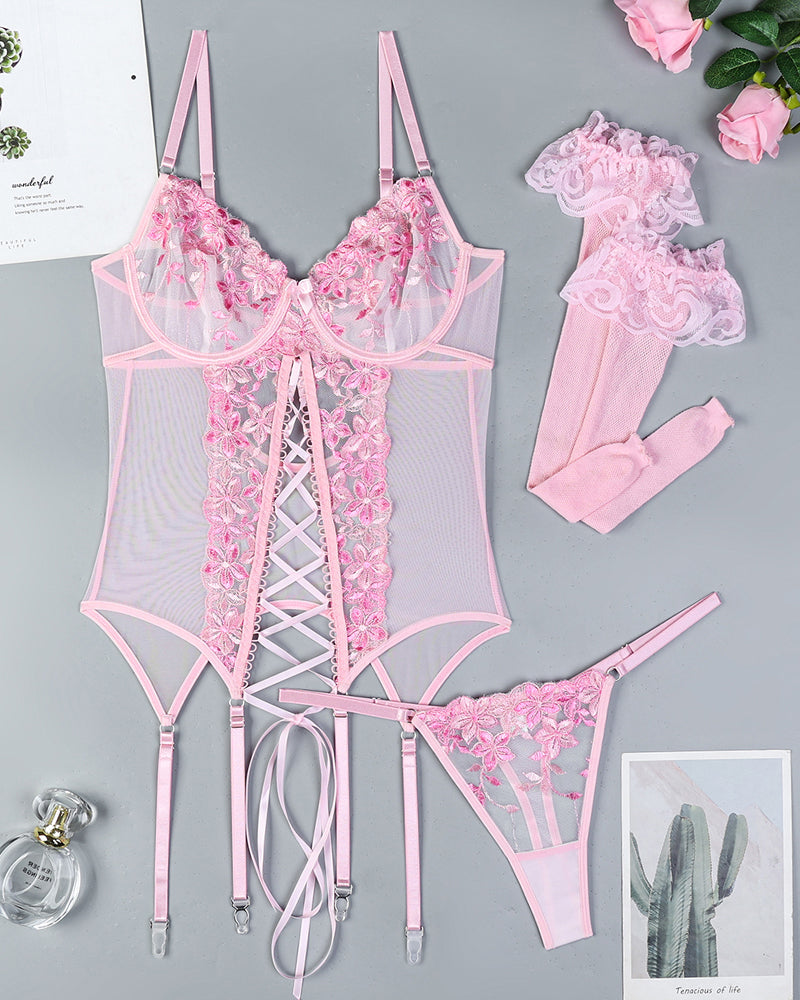 Flower Embroidered Stockings Bra Set Avidlove-Corset - Tophatter Daily Deals