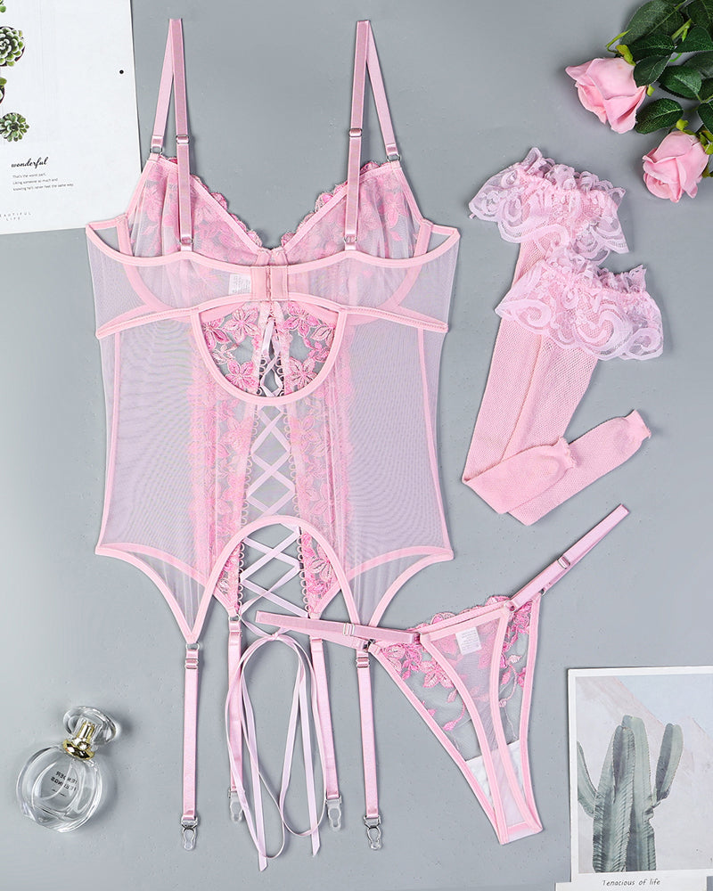 Flower Embroidered Stockings Bra Set Avidlove-Corset - Tophatter Daily Deals