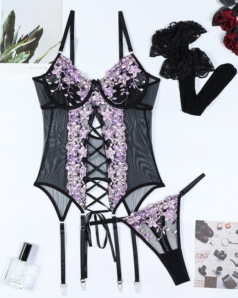 Flower Embroidered Stockings Bra Set Avidlove-Corset - Tophatter Daily Deals