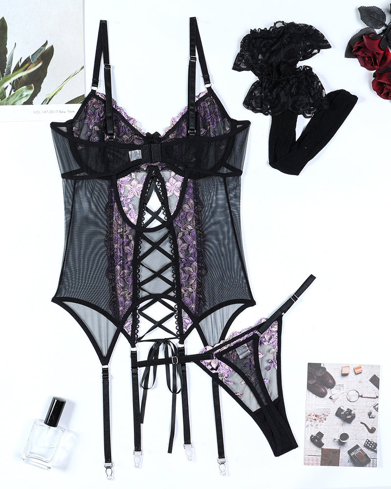 Flower Embroidered Stockings Bra Set Avidlove-Corset - Tophatter Daily Deals