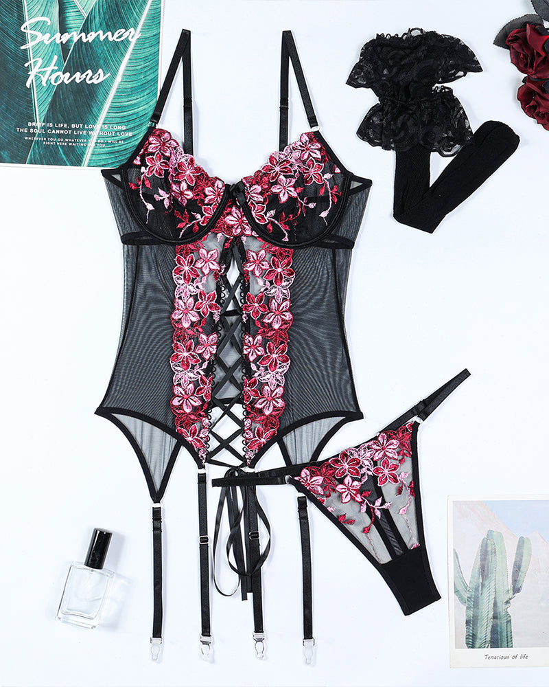 Flower Embroidered Stockings Bra Set Avidlove-Corset - Tophatter Daily Deals