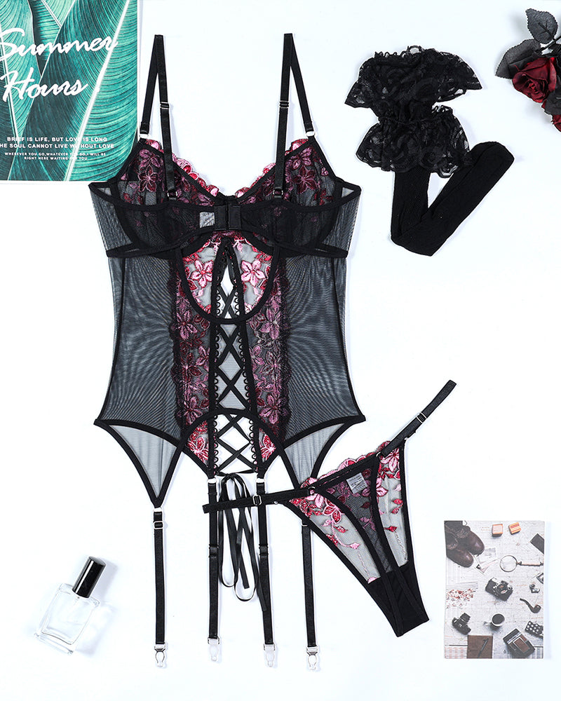 Flower Embroidered Stockings Bra Set Avidlove-Corset - Tophatter Daily Deals