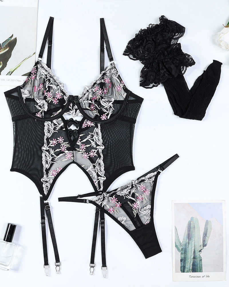 Flower Embroidered Stockings Bra Set Avidlove-Corset - Tophatter Daily Deals