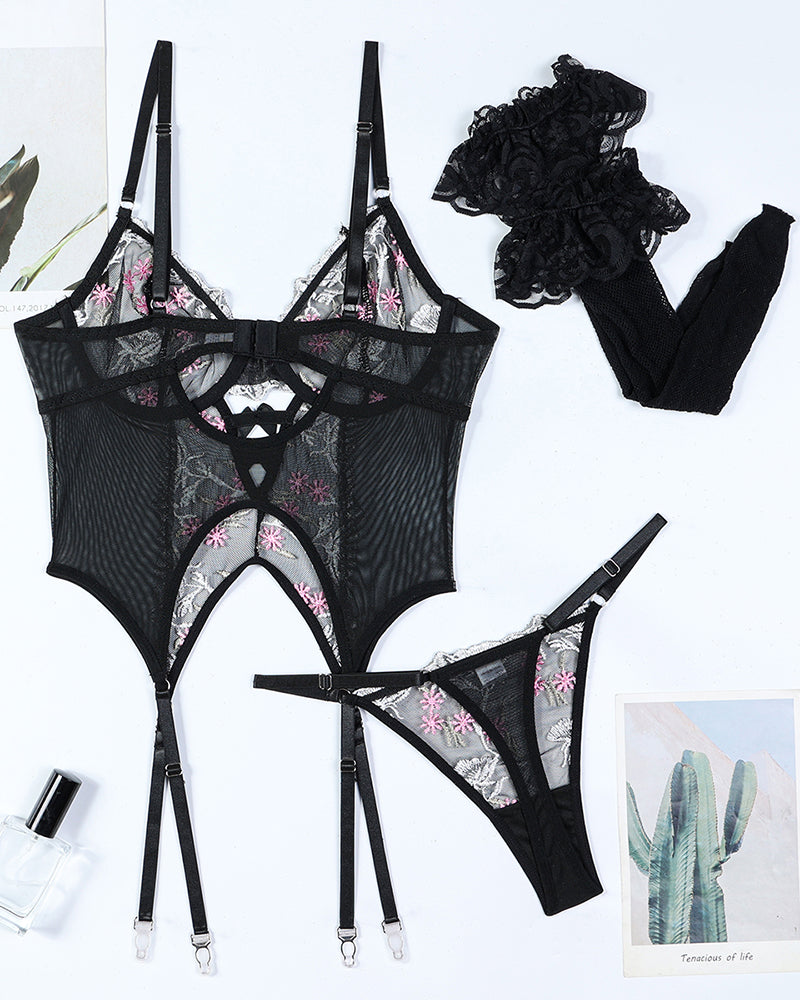 Flower Embroidered Stockings Bra Set Avidlove-Corset - Tophatter Daily Deals