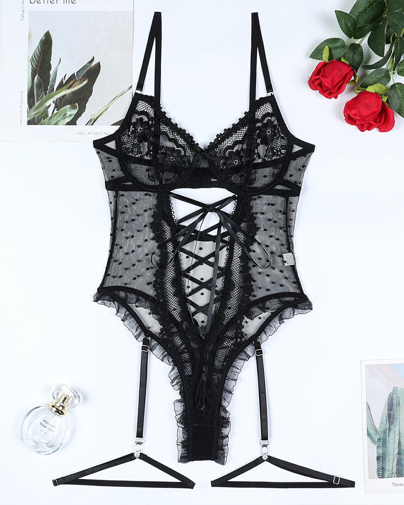 Lace Hollow Cross Strap Bodysuit Avidlove-Bodysuits - Tophatter Daily Deals