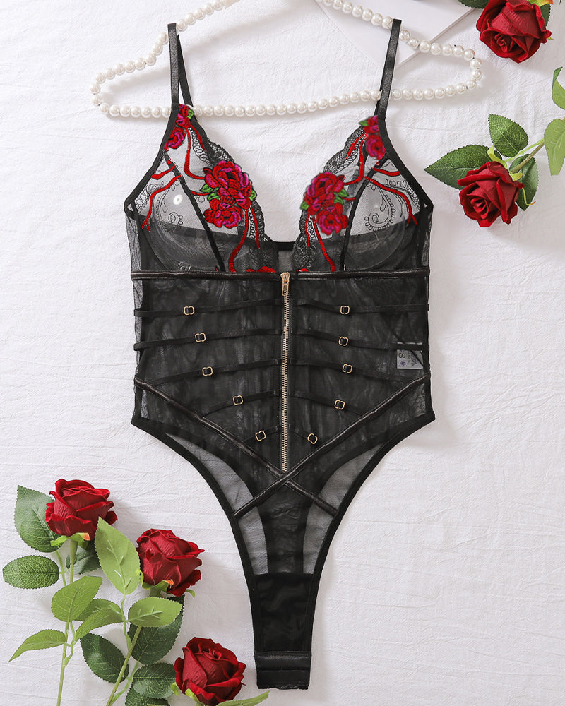 Lace Mesh Embroidered Transparent V-Neck Bodysuit Avidlove-Bodysuits - Tophatter Daily Deals