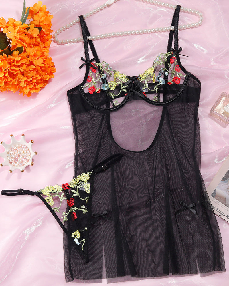 Flower Embroidered Gathered Transparent Nightdress Avidlove-Chemises - Tophatter Daily Deals