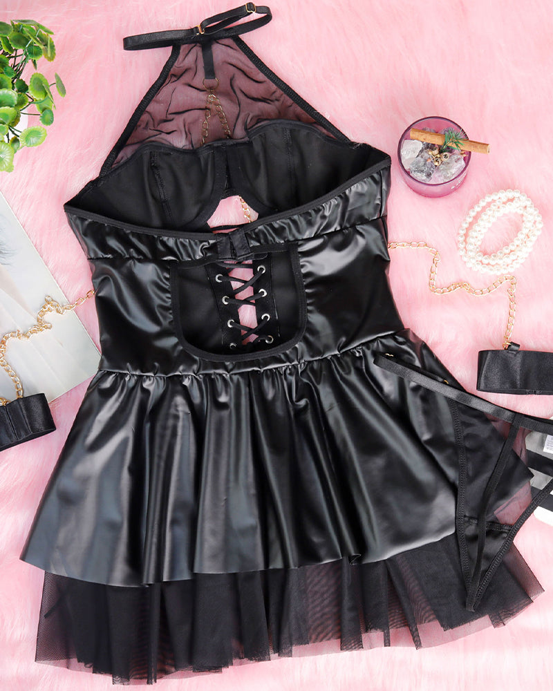 PU Leather Halterneck Tie Mesh Mini Dress Avidlove-Chemises - Tophatter Daily Deals