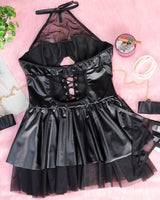 PU Leather Halterneck Tie Mesh Mini Dress Avidlove-Chemises - Tophatter Daily Deals
