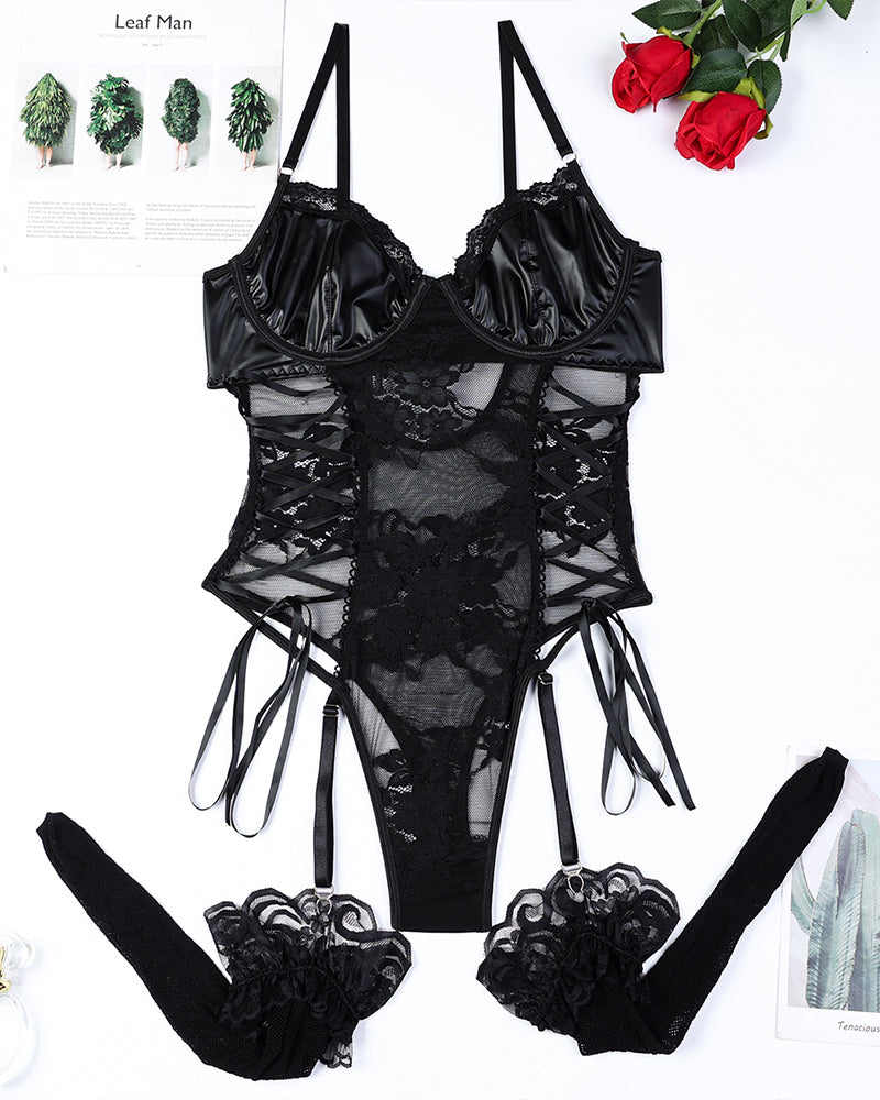 Lace And PU Leather Bow Bodysuit Avidlove-Bodysuits - Tophatter Daily Deals
