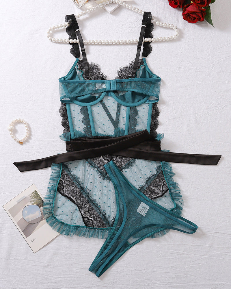 Mesh See-Through Hollow Backless Bra Set Black Green Avidlove-Chemises - Tophatter Daily Deals