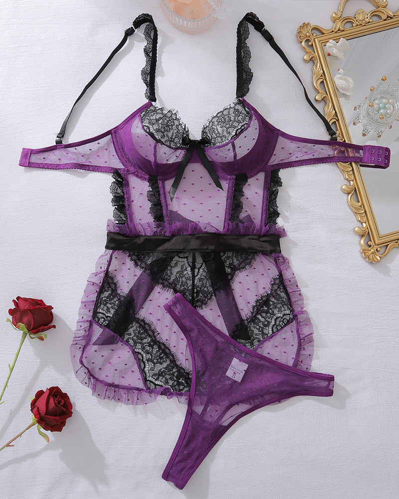 Mesh See-Through Hollow Backless Bra Set Black Purple Avidlove-Chemises - Tophatter Daily Deals