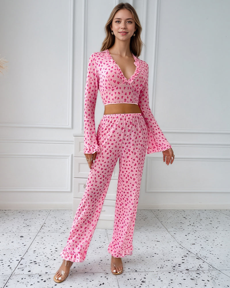 Long-Sleeved Heart Print Ruffled Pajamas Set Pink Avidlove-Pajamas Sets - Tophatter Daily Deals