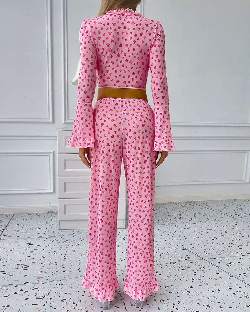 Long-Sleeved Heart Print Ruffled Pajamas Set Avidlove-Pajamas Sets - Tophatter Daily Deals