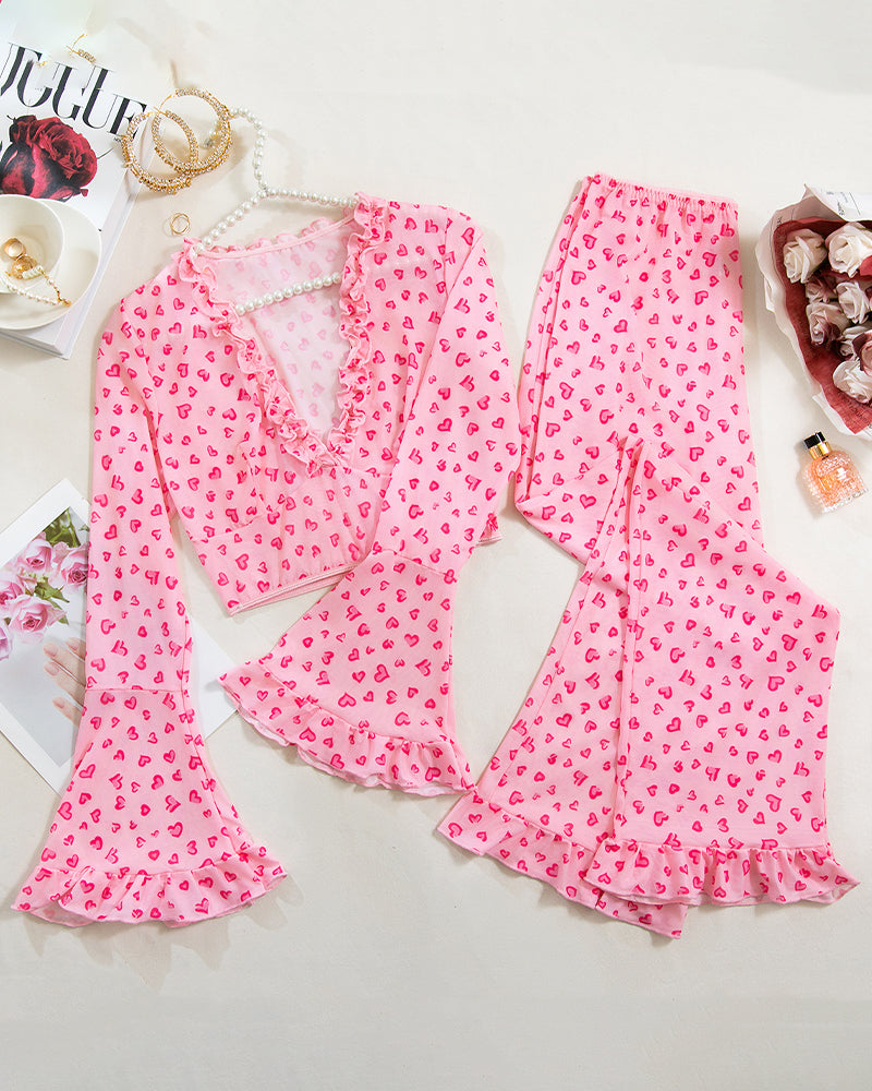 Long-Sleeved Heart Print Ruffled Pajamas Set Avidlove-Pajamas Sets - Tophatter Daily Deals
