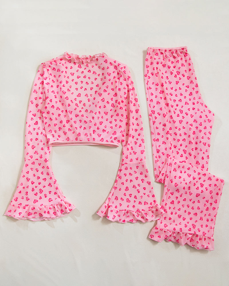 Long-Sleeved Heart Print Ruffled Pajamas Set Avidlove-Pajamas Sets - Tophatter Daily Deals
