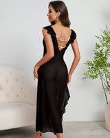 Deep V-neck Pleated Lace Side Slit Mesh Dress Avidlove-Dresses - Tophatter Daily Deals