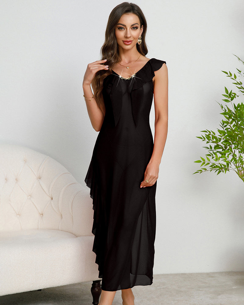 Deep V-neck Pleated Lace Side Slit Mesh Dress Black Avidlove-Dresses - Tophatter Daily Deals