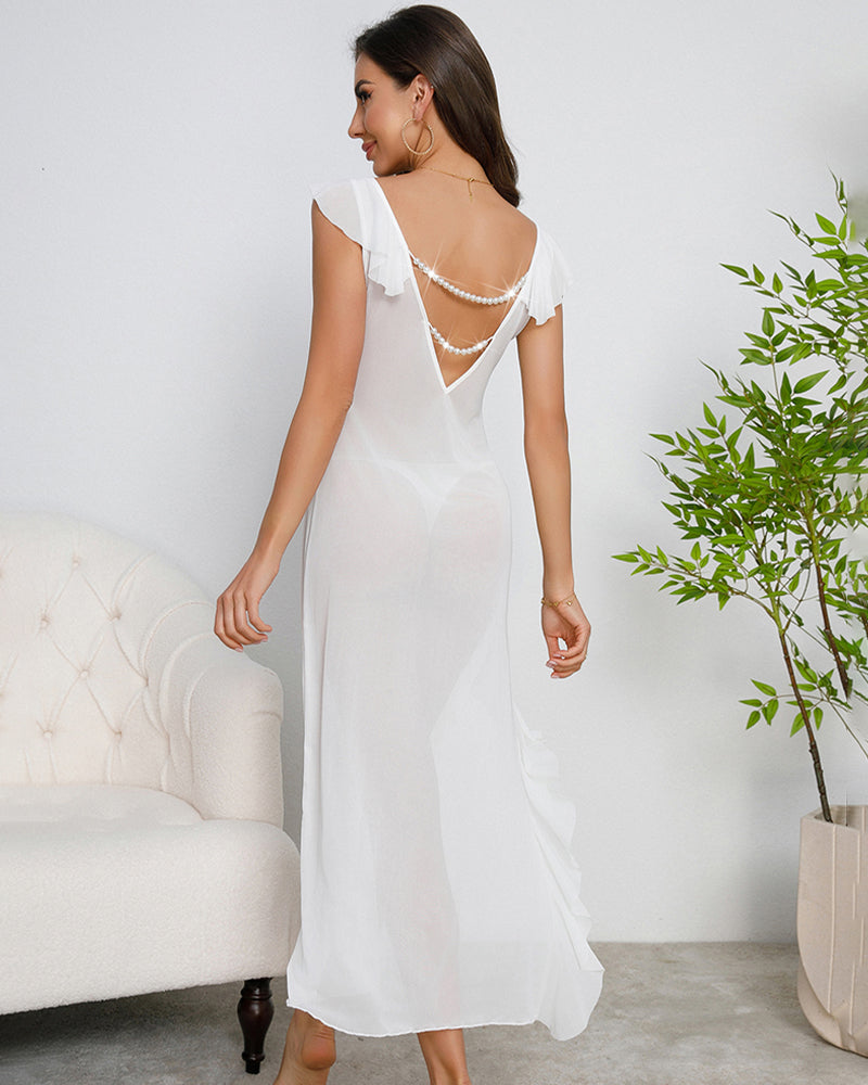 Deep V-neck Pleated Lace Side Slit Mesh Dress Avidlove-Dresses - Tophatter Daily Deals