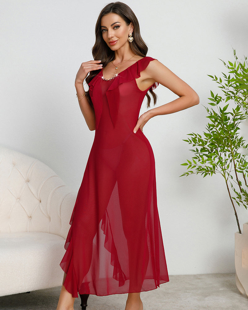 Deep V-neck Pleated Lace Side Slit Mesh Dress Avidlove-Dresses - Tophatter Daily Deals
