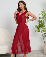 Deep V-neck Pleated Lace Side Slit Mesh Dress Avidlove-Dresses - Tophatter Daily Deals