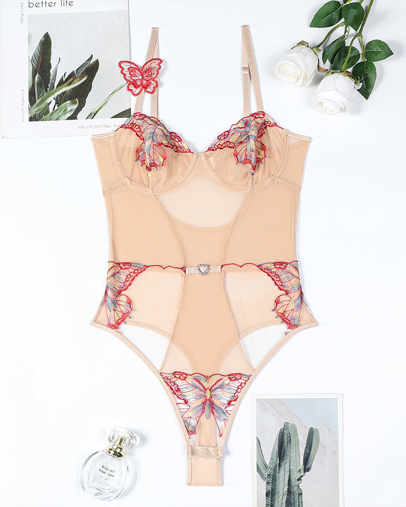 3D Butterfly Embroidery Gathered Bodysuit Avidlove-Bodysuits - Tophatter Daily Deals