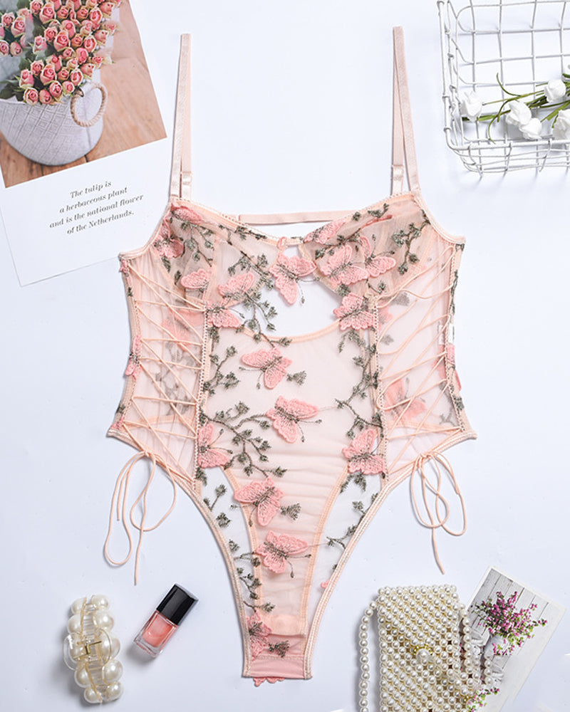 Butterfly Embroidered Lace Bodysuit Pink Avidlove-Bodysuits - Tophatter Daily Deals