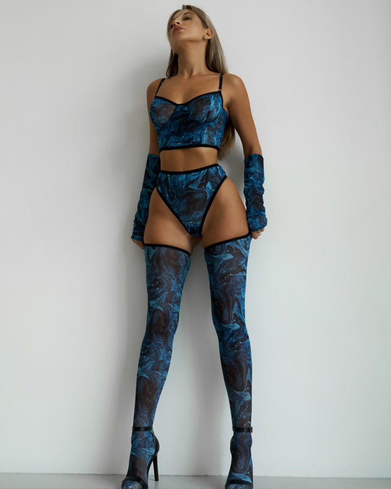 Watercolor Mesh Lingerie Set with Gloves and Hold-Ups Blue Avidlove-Bra Sets - Tophatter Daily Deals