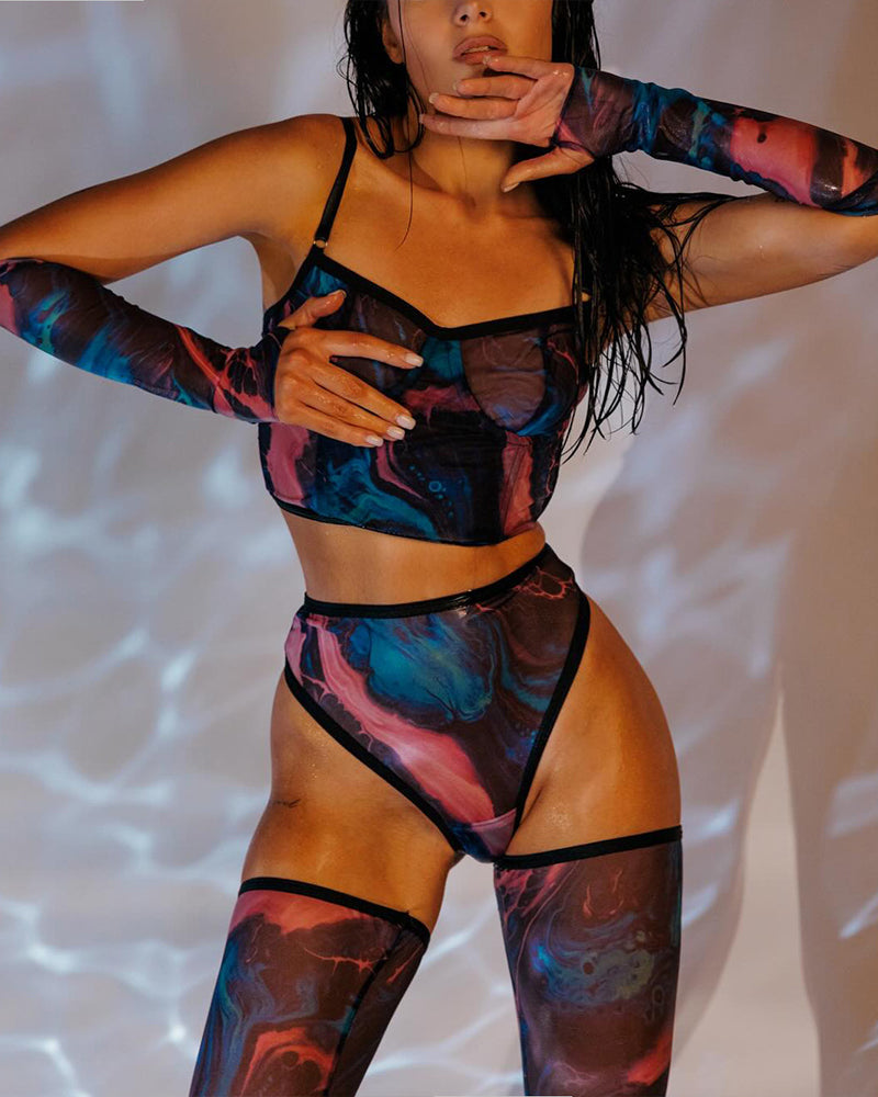 Watercolor Mesh Lingerie Set with Gloves and Hold-Ups Avidlove-Bra Sets - Tophatter Daily Deals