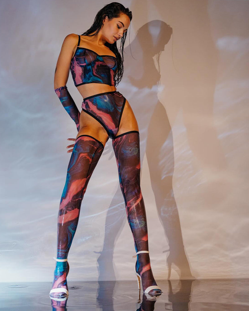 Watercolor Mesh Lingerie Set with Gloves and Hold-Ups Purple Avidlove-Bra Sets - Tophatter Daily Deals