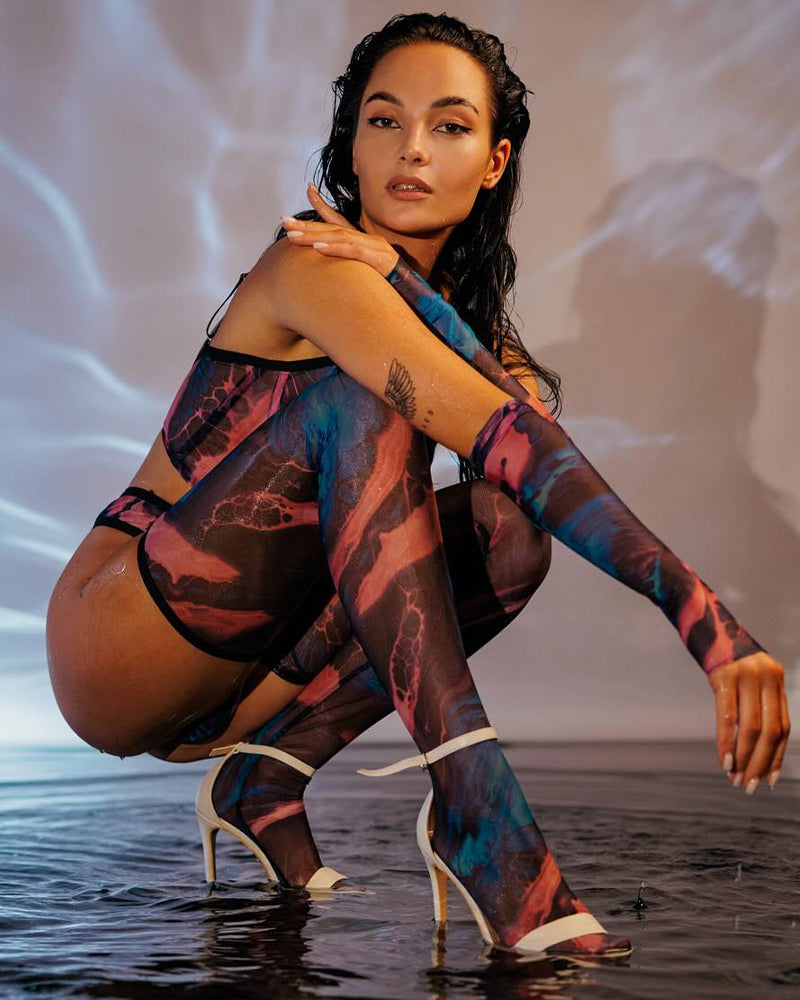 Watercolor Mesh Lingerie Set with Gloves and Hold-Ups Avidlove-Bra Sets - Tophatter Daily Deals