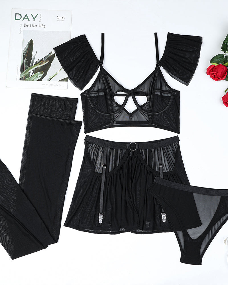 Heart Cut Out Bra Lingerie Set with Stockings Black Avidlove-Bra Sets - Tophatter Daily Deals