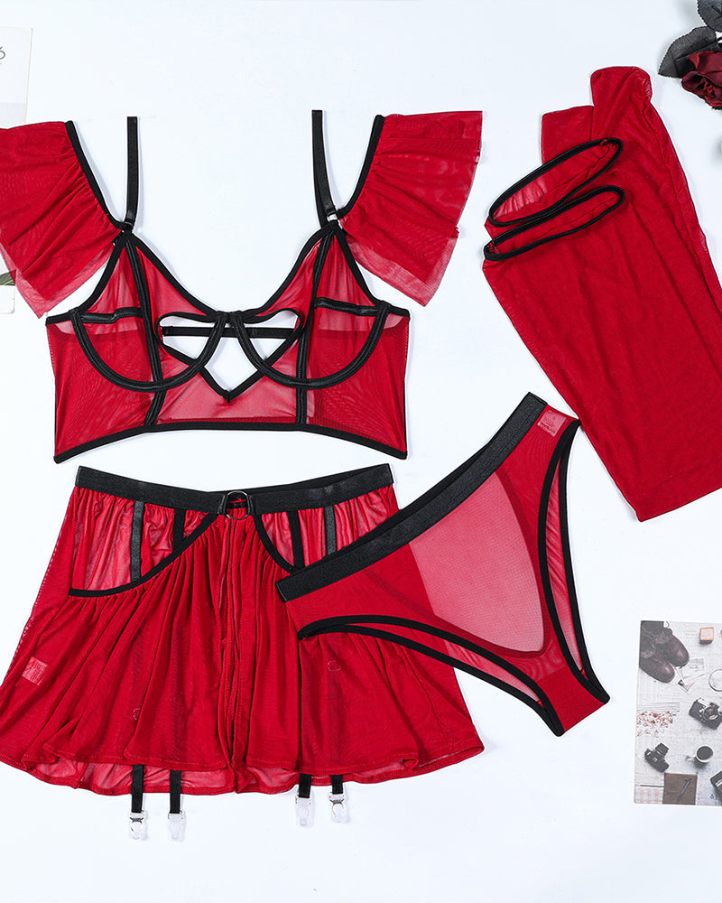 Heart Cut Out Bra Lingerie Set with Stockings Wine Red Avidlove-Bra Sets - Tophatter Daily Deals