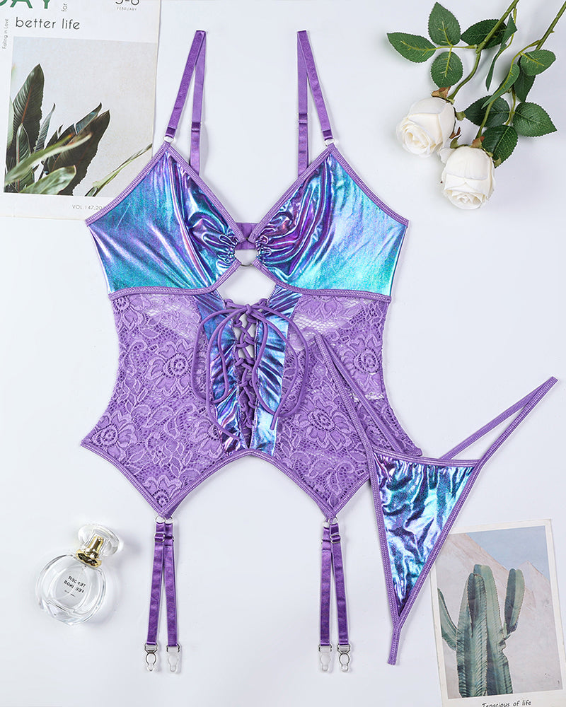 Flash Gradient Laser Cross Tie Waist Lingerie Sets Purple Avidlove-Corset - Tophatter Daily Deals