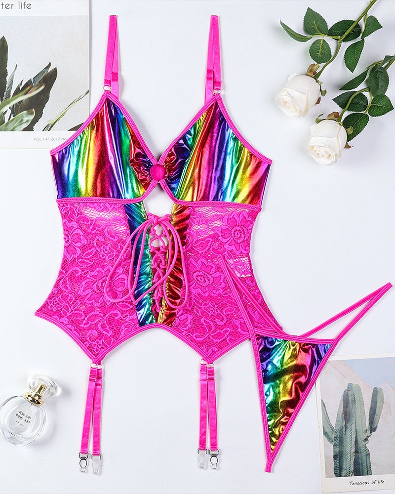 Flash Gradient Laser Cross Tie Waist Lingerie Sets Rose Red Avidlove-Corset - Tophatter Daily Deals